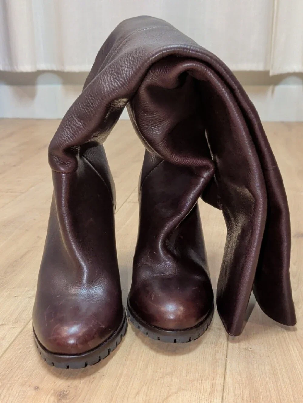 Leather Knee-High Block Heel Boots in Dark Brown